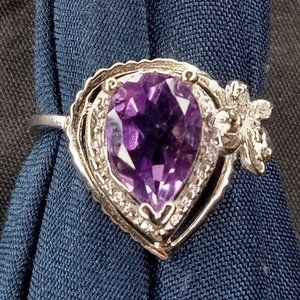 925 Sterling Silver Amethyst with Diamond Chips Ring.